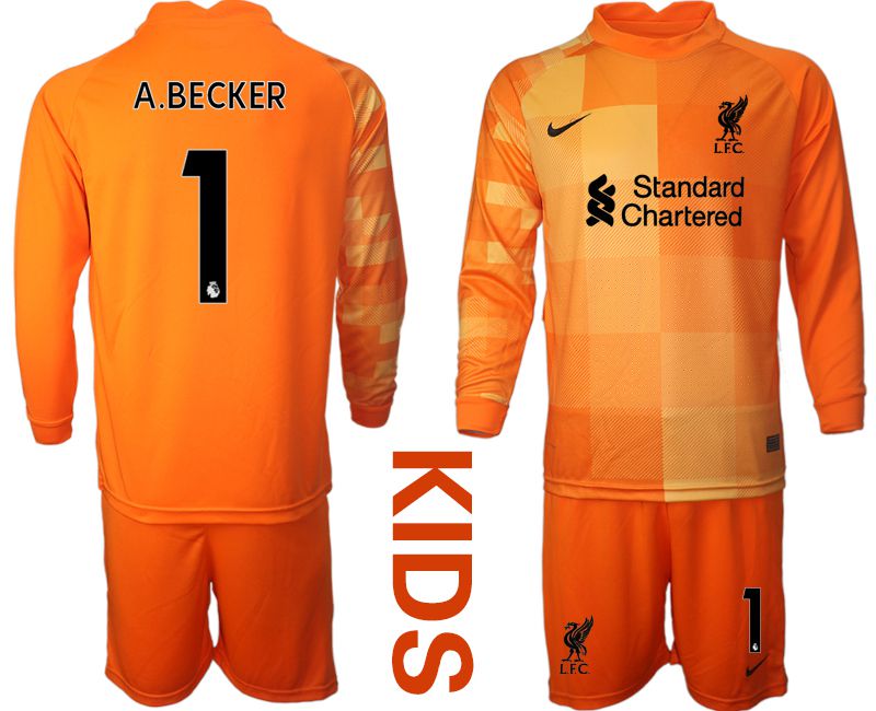 Cheap Youth 2021-2022 Club Liverpool orange red goalkeeper long sleeve 1 Soccer Jersey